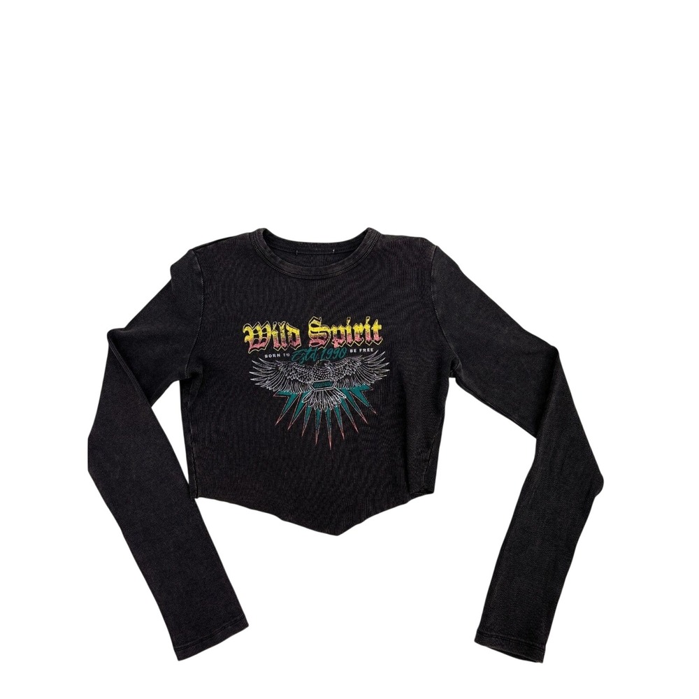 Unbranded Graphic‎ Crop Top Womens S Black Wild Spirit Eagle Ribbed Handkerchief